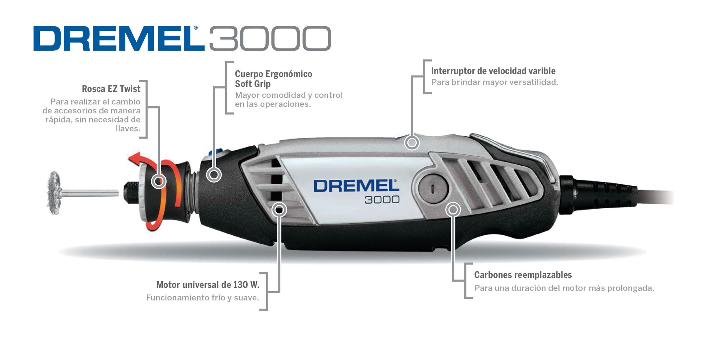 MINITORNO DREMEL 3000 30 ACCESORIOS + 2 ACOPLES