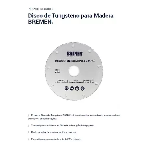 DISCO SEGMENTADO PARA MADERA BREMEN 4 1/2" PARA AMOLADORA 7490