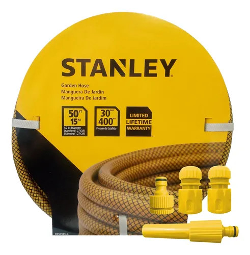 MANGUERA STANLEY DE RIEGO REFORZADA 1/2" X 15MT + KIT 4 PIEZAS