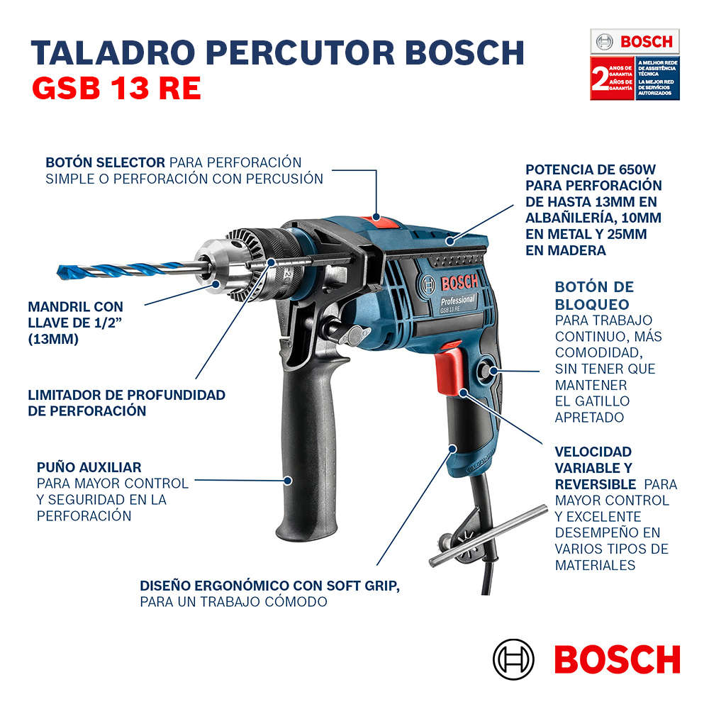 TALADRO BOSCH 13MM GSB 13RE 600W V.V. 113D CON MALETIN