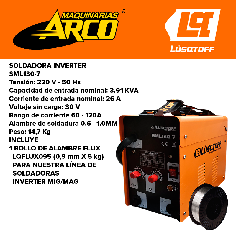 SOLDADORA MIG LUSQTOFF FLUX 120 AMP SML130 + ALAMBRE TUBULAR 0,9MM